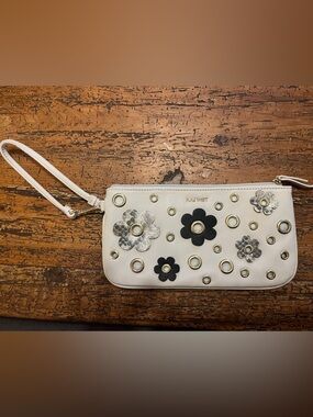 Nine West White Floral Eyelet Wristlet Clutch with Black Accents